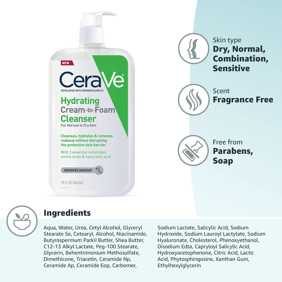 CeraVe Hydrating Cream To Foam Cleanser, Gentle Face Cleanser, 19oz