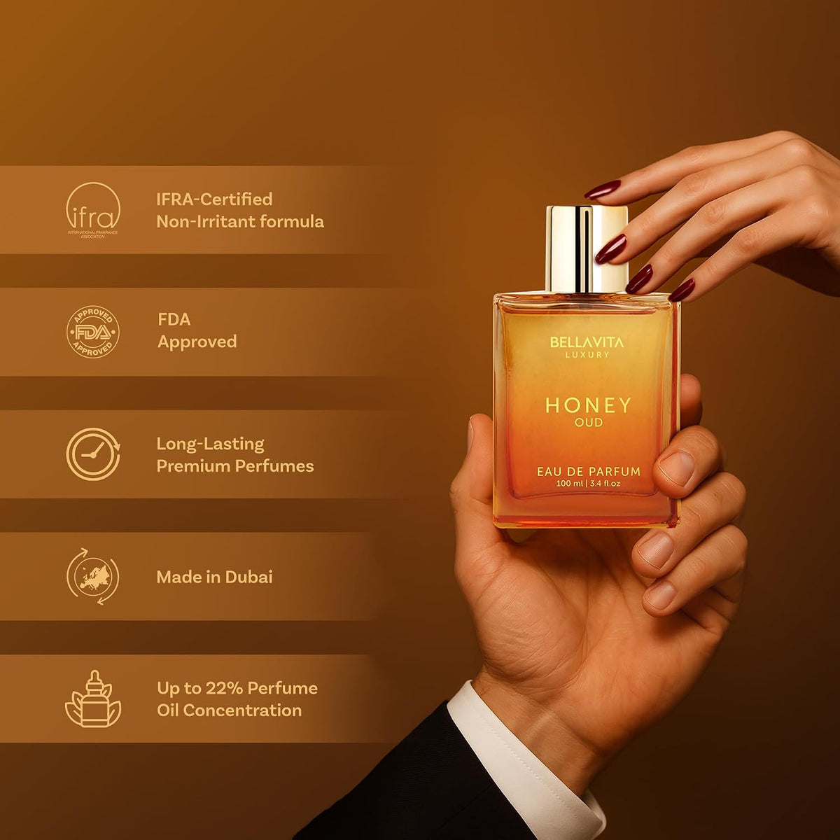 Bellavita Luxury Honey Oud Eau de Parfum Unisex, 3.4 fl oz (100 ml)