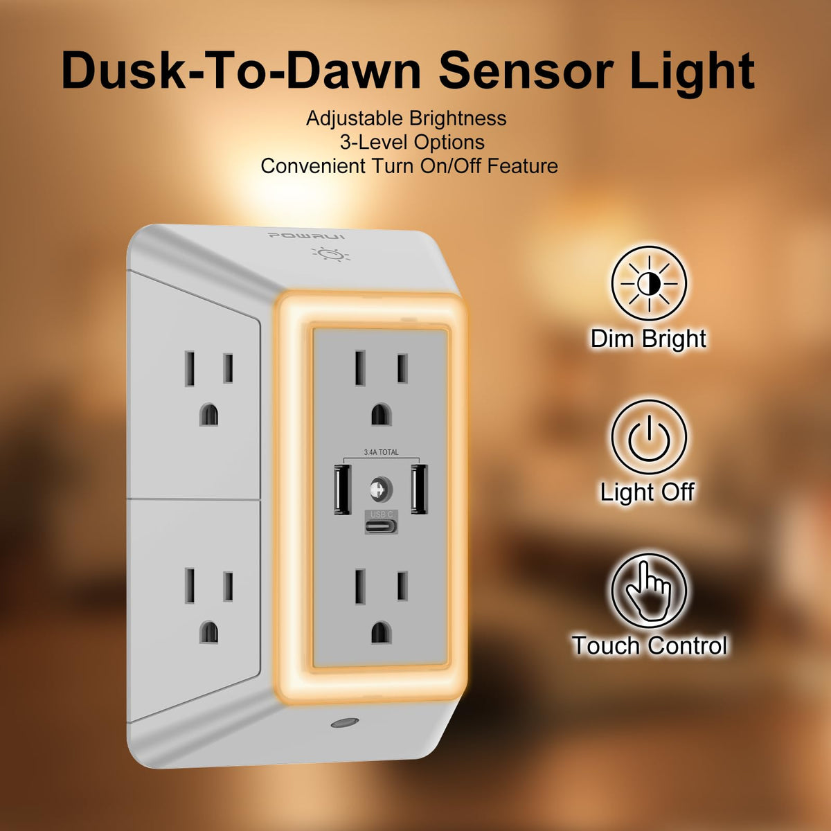 Multi Plug Wall Outlet Night Light, POWRUI 6 Outlet Extender & 3 USB Ports