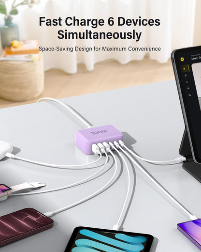 USB Fast Charger Block 50% Smaller 100W Max 6-Port GaN USB Charging Station