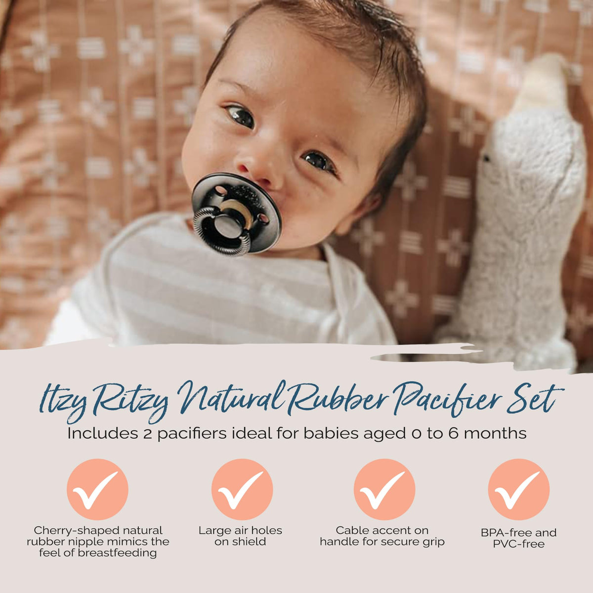 Itzy Ritzy Natural Rubber Pacifiers for 0–6 Mos, Set of 2, Blossom/Rosewood