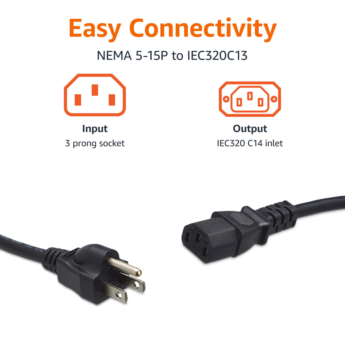 Amazon Basics Replacement Power Cord for Computer, Monitor, TV, Printer, PC, 3 Prong, 18 AWG, 125 Volts, 10 Feet, Black