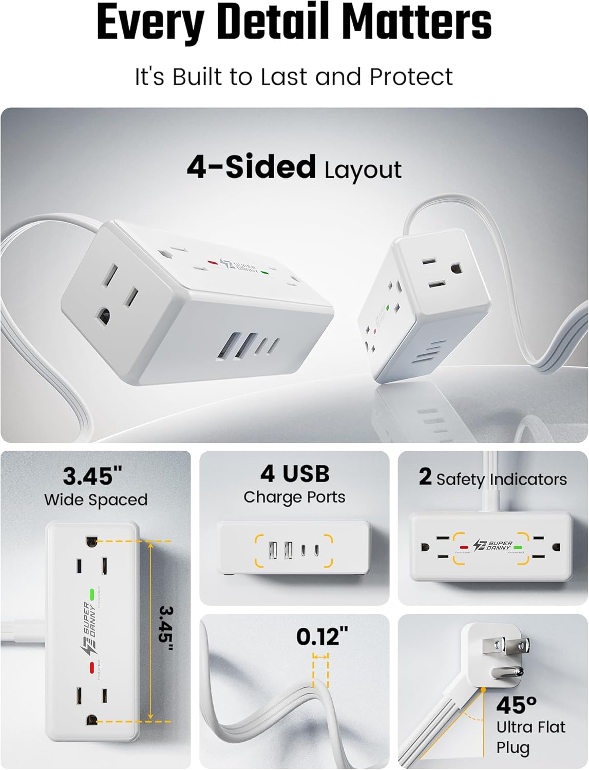 10Ft Long Extension Cord, SUPERDANNY Flat Plug Surge Protector Power Strip