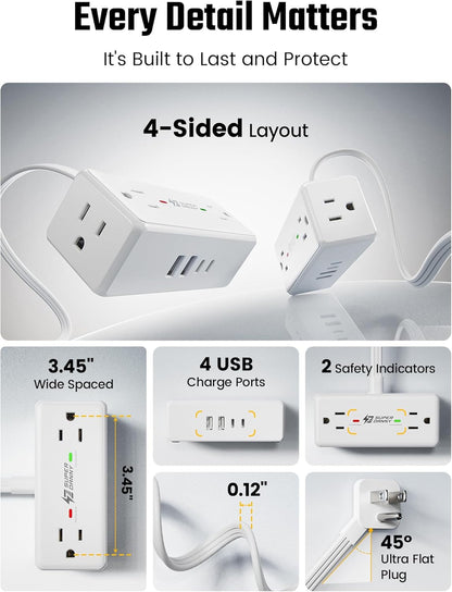 10Ft Long Extension Cord, SUPERDANNY Flat Plug Surge Protector Power Strip