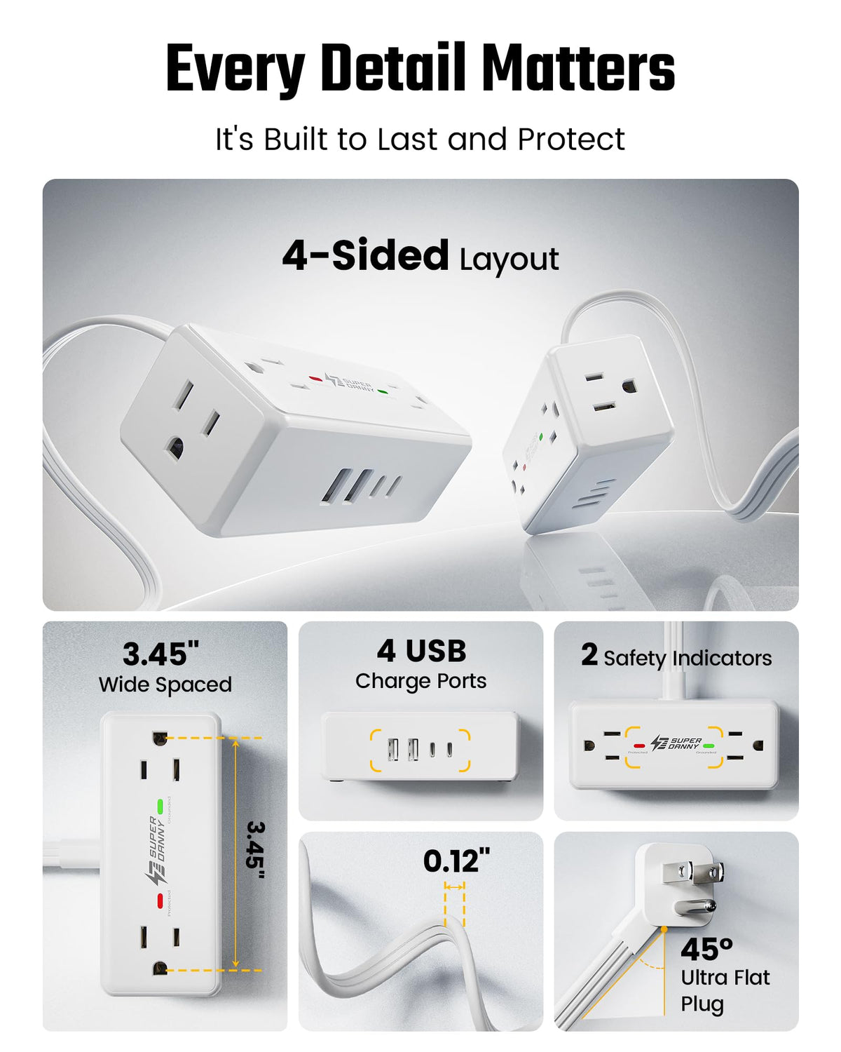 10Ft Long Extension Cord, SUPERDANNY Flat Plug Surge Protector Power Strip