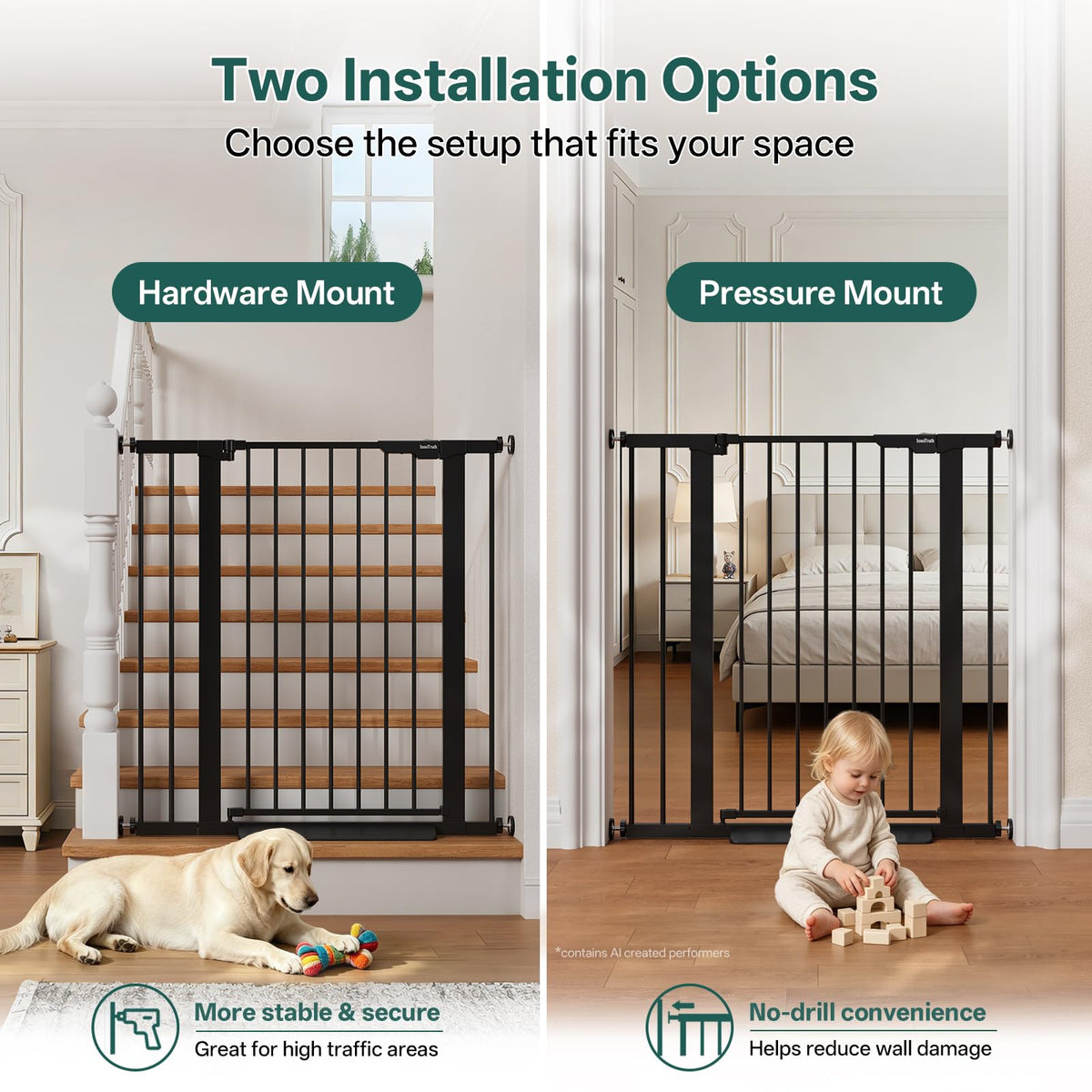 InnoTruth 27-36.6 in Wide Baby Gate for Stairs and Doorways, Black