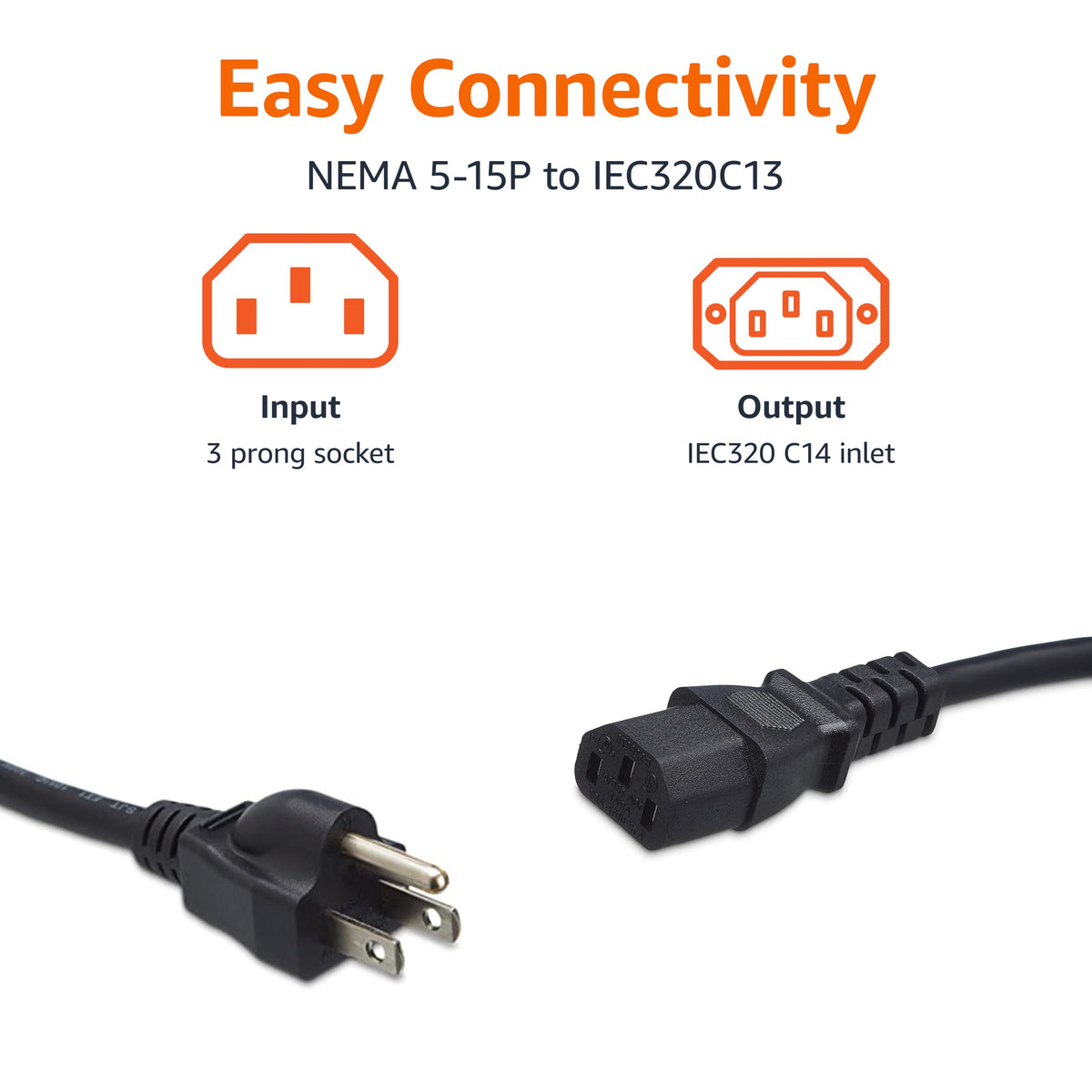 Amazon Basics Replacement Power Cord for Computer, Monitor, TV, Printer, PC, 3 Prong, 18 AWG, 125 Volts, 10 Feet, Black