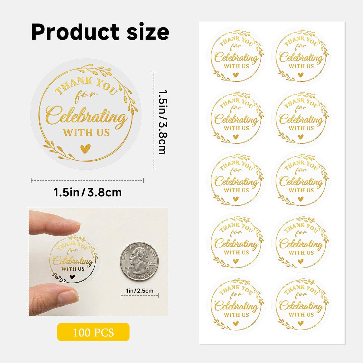 Thank You Stickers, 100 PCS Black Wedding Stickers with Gold Foil