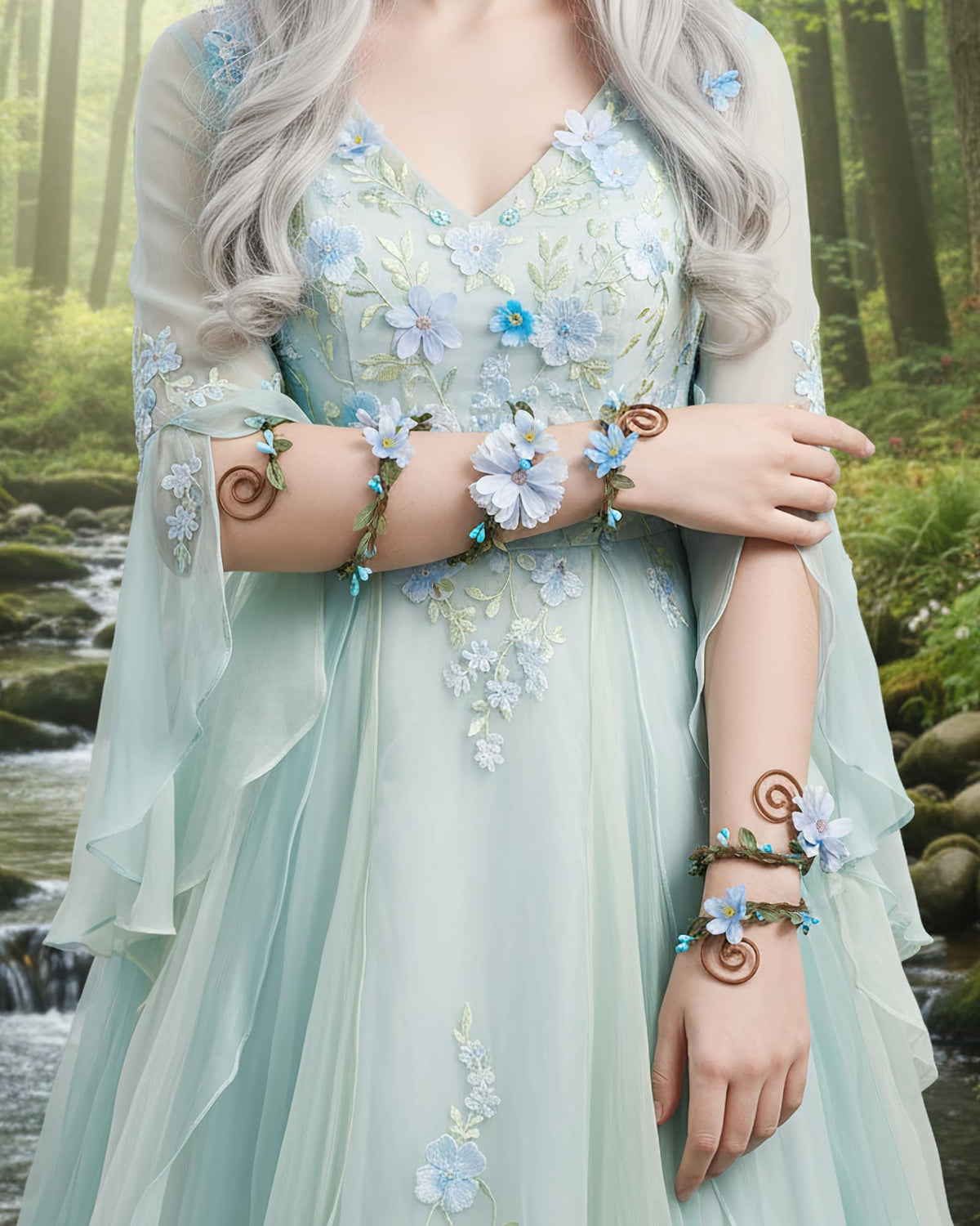 FRESHME Renaissance Costume Flower Arm Wraps - 2 Pcs Fairy Accessories Elf Bracelet with Wrap Ring Woodland Renfaire Outfit