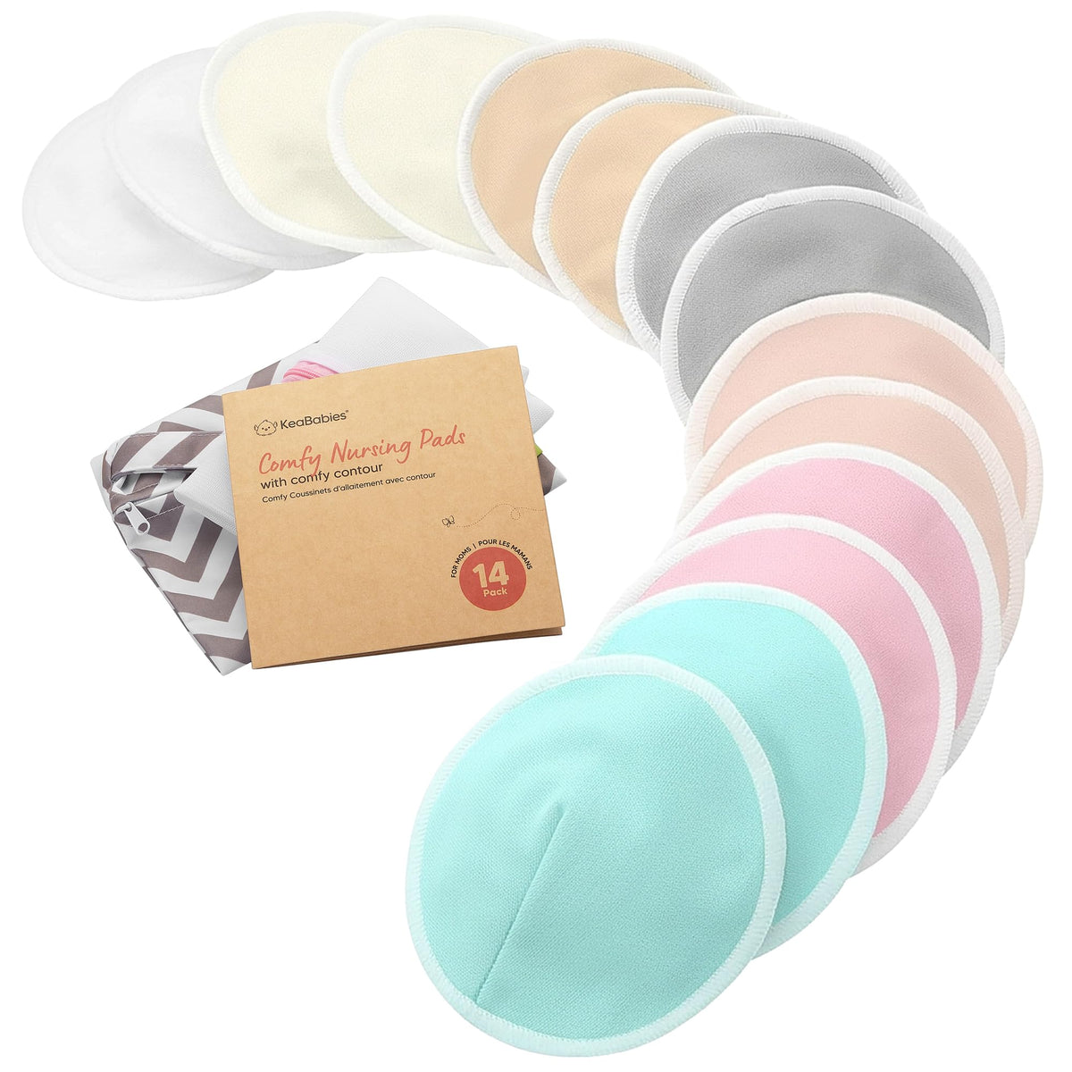 Organic Nursing Pads, 14 Washable Breast Pads,Wash Bag (Neutrals, XL 5.6")