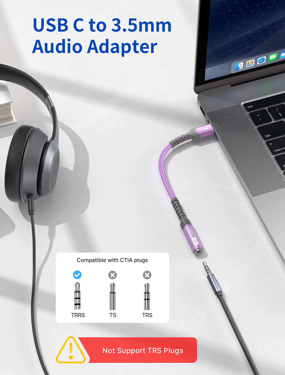 JSAUX 2 Pack USB C to 3.5mm Audio Adapter, Smart DAC Headset Dongle, Black