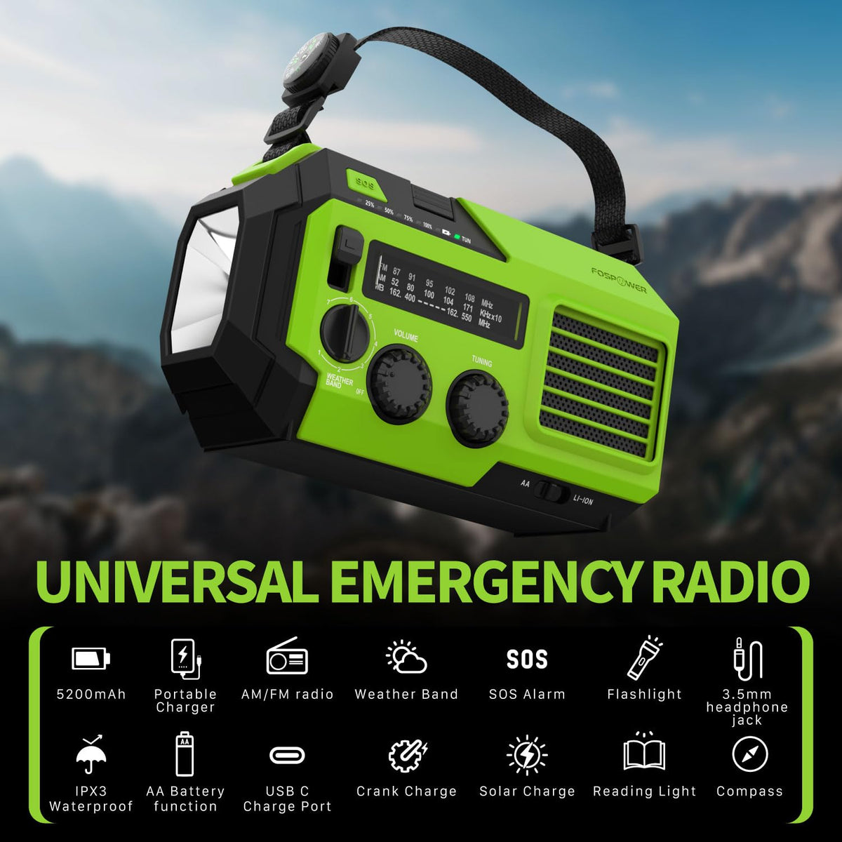 FosPower NOAA Emergency Weather Radio D8 37000mWh Portable Power Bank, AM/FM, USB/Solar/Hand Crank Charging, SOS Alarm & Flashlight for Indoor/Outdoor Emergency - Orange