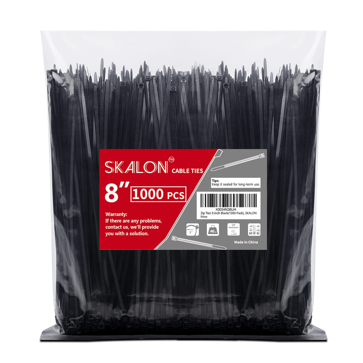 Zip Ties 8 inch (100 Pack), 40lbs Tensile Strength, Black Cable Ties, Wire Ties for indoor and outdoor use, by Skalon