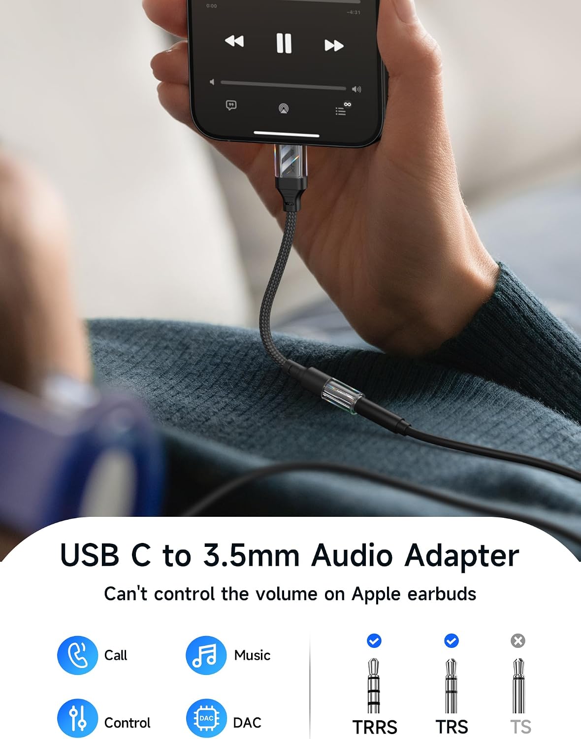 JSAUX 2 Pack USB C to 3.5mm Audio Adapter, Smart DAC Headset Dongle, Black