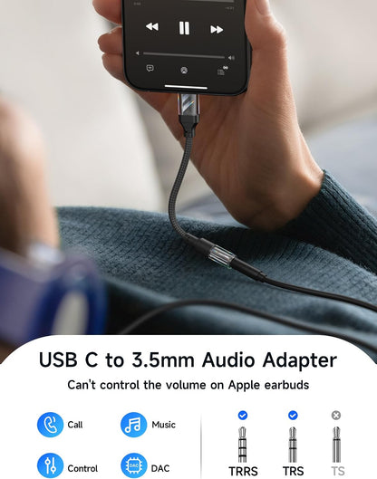 JSAUX 2 Pack USB C to 3.5mm Audio Adapter, Smart DAC Headset Dongle, Black