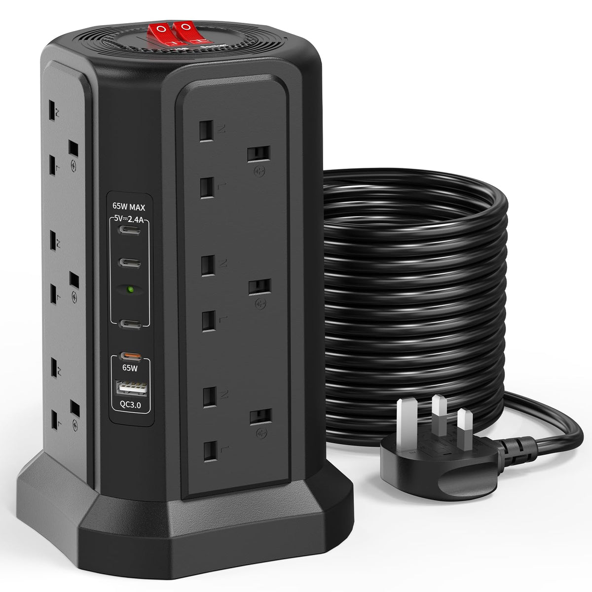 HAFINO Tower Extension Lead with USB Slots, PD18W USB C Fast Charger, 1.8M