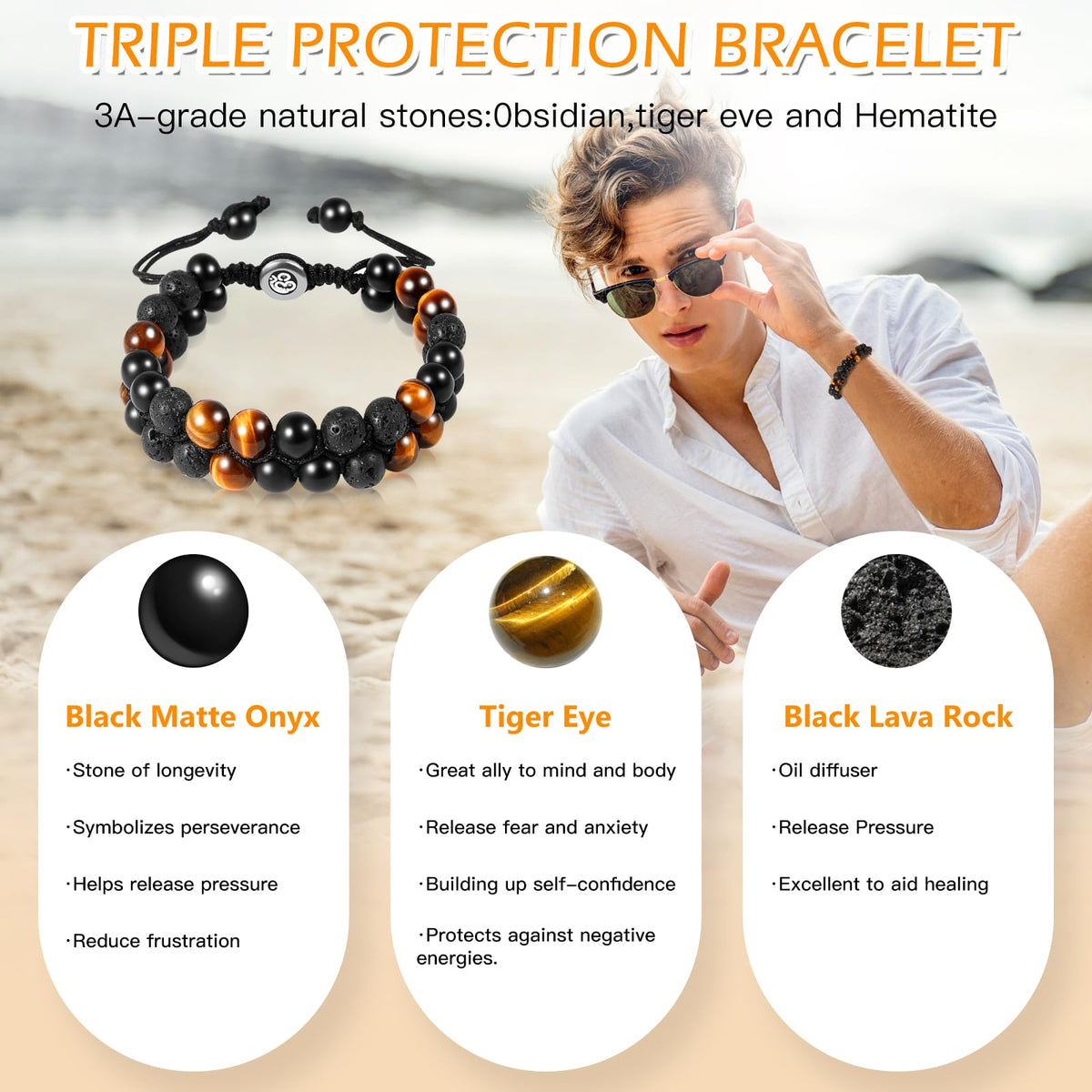 Triple Protection Bracelet - for Protect & Balance - Energy Crystal Handmade Bracelets for Men Women