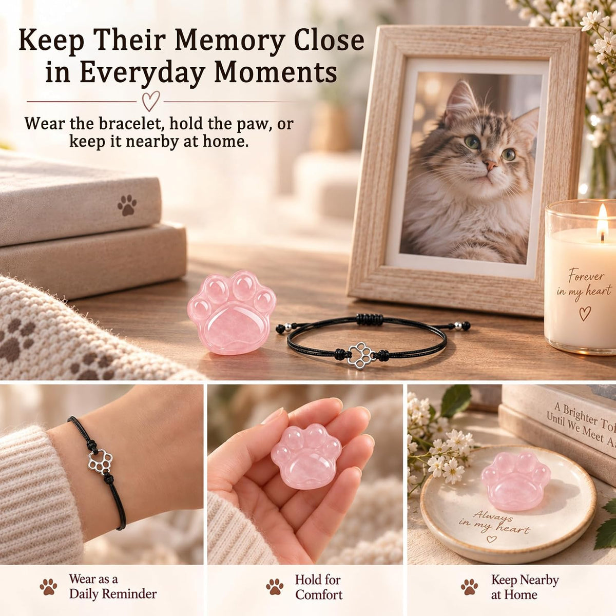 Dog Memorial Gifts for Loss of Dog, Rose Quartz Paw & Memorial Bracelet