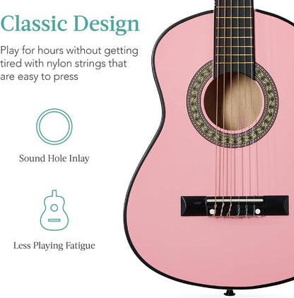 Best Choice Products 30in Kids Acoustic Guitar, All-in-One Beginner Starter Kit w/Strap, Case, Extra Strings, Rosette Inlay - Pink