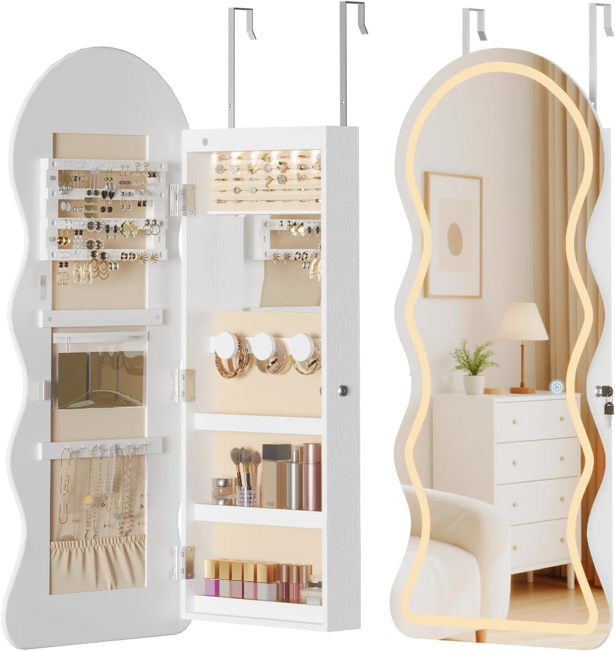 HOOBRO LED Mirror Jewelry Cabinet, Wall/Door Mounted Jewelry Organizer