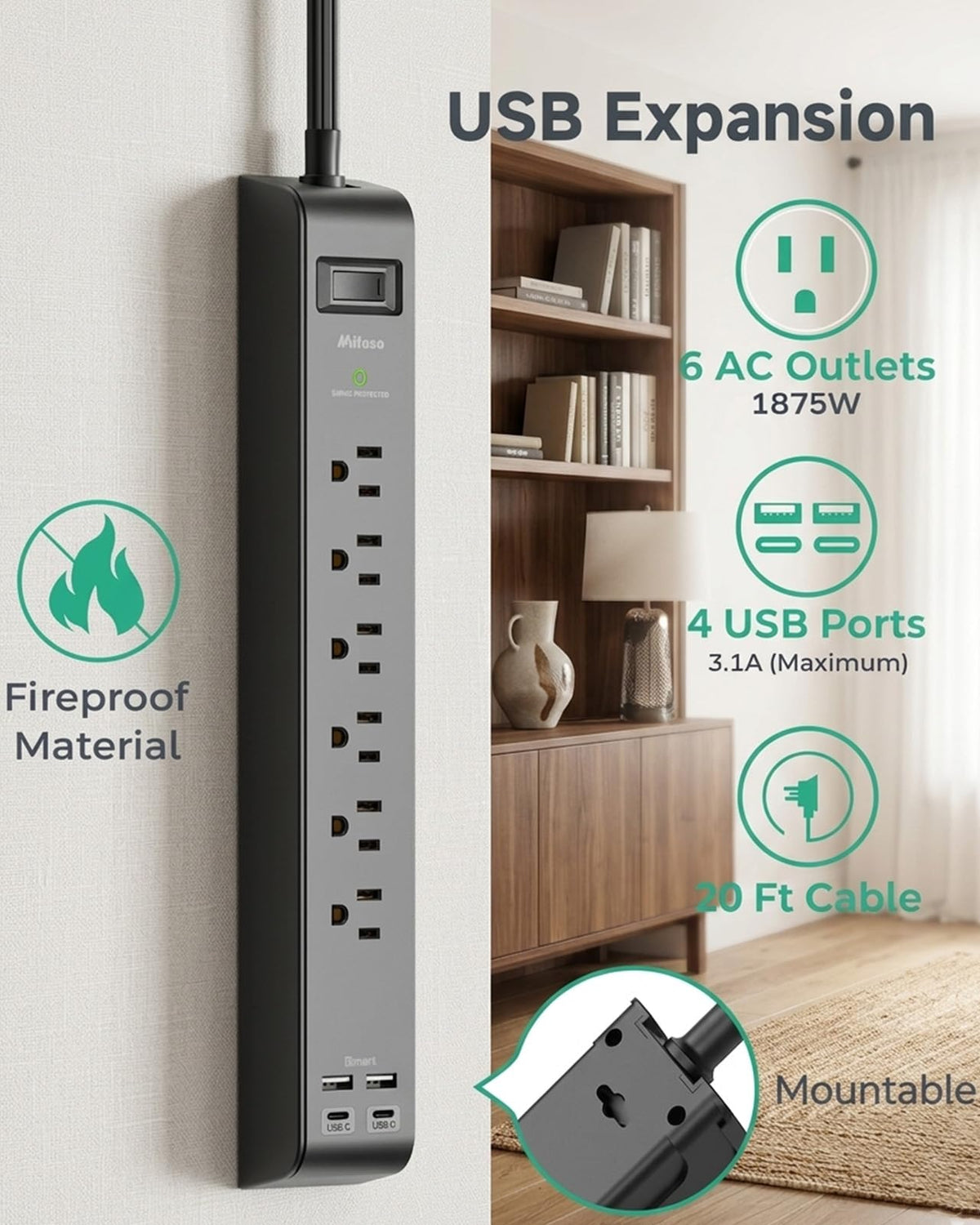 2 Pack 20FT Power Strip Surge Protector, Extension Cord Multiple Outlets