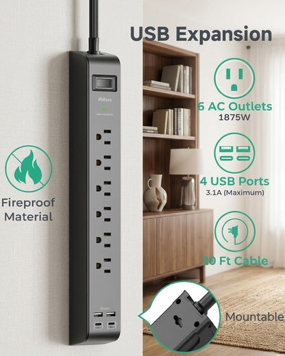 2 Pack 20FT Power Strip Surge Protector, Extension Cord Multiple Outlets