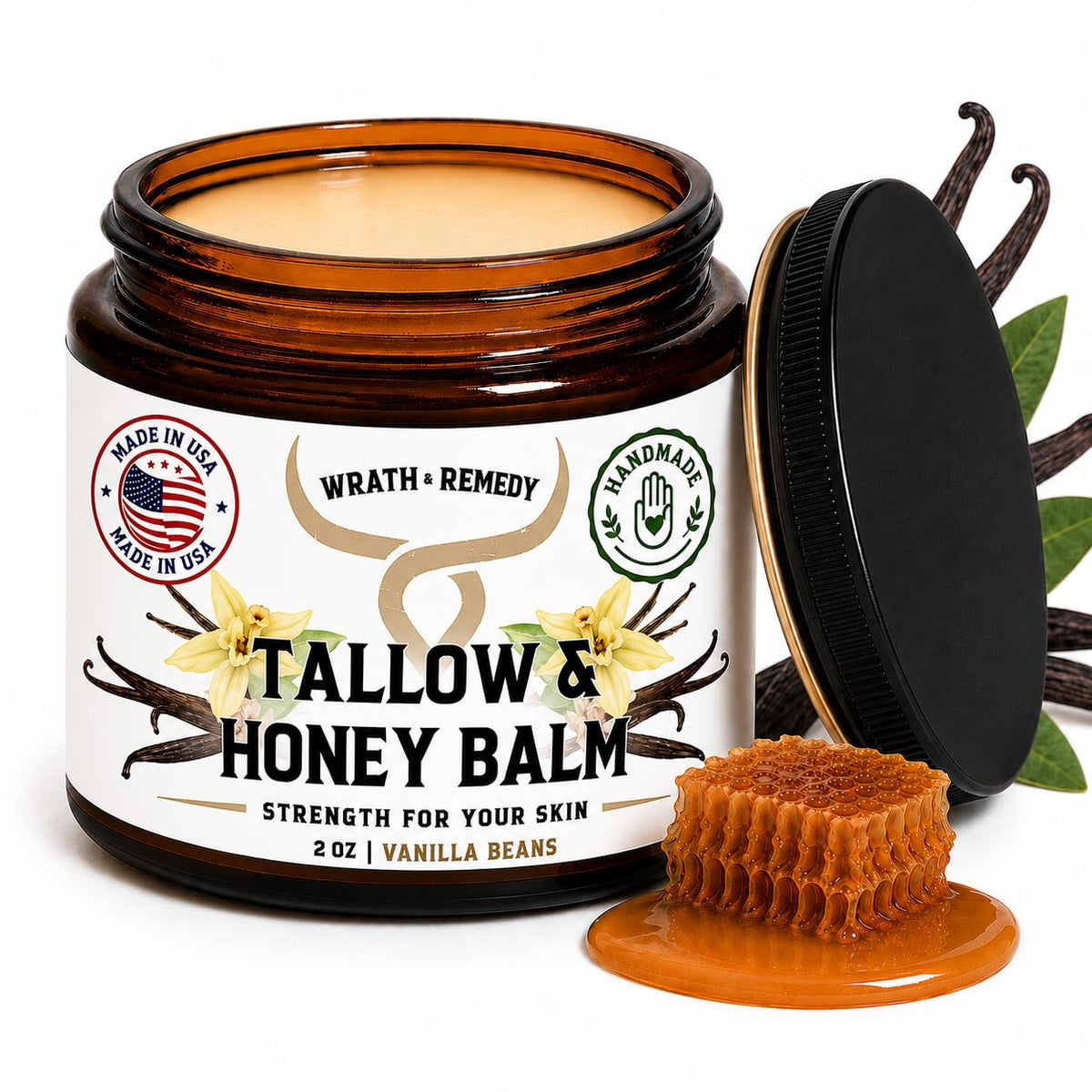Wrath & Remedy Beef Tallow and Honey Balm, Handcrafted, Unscented, 4 oz