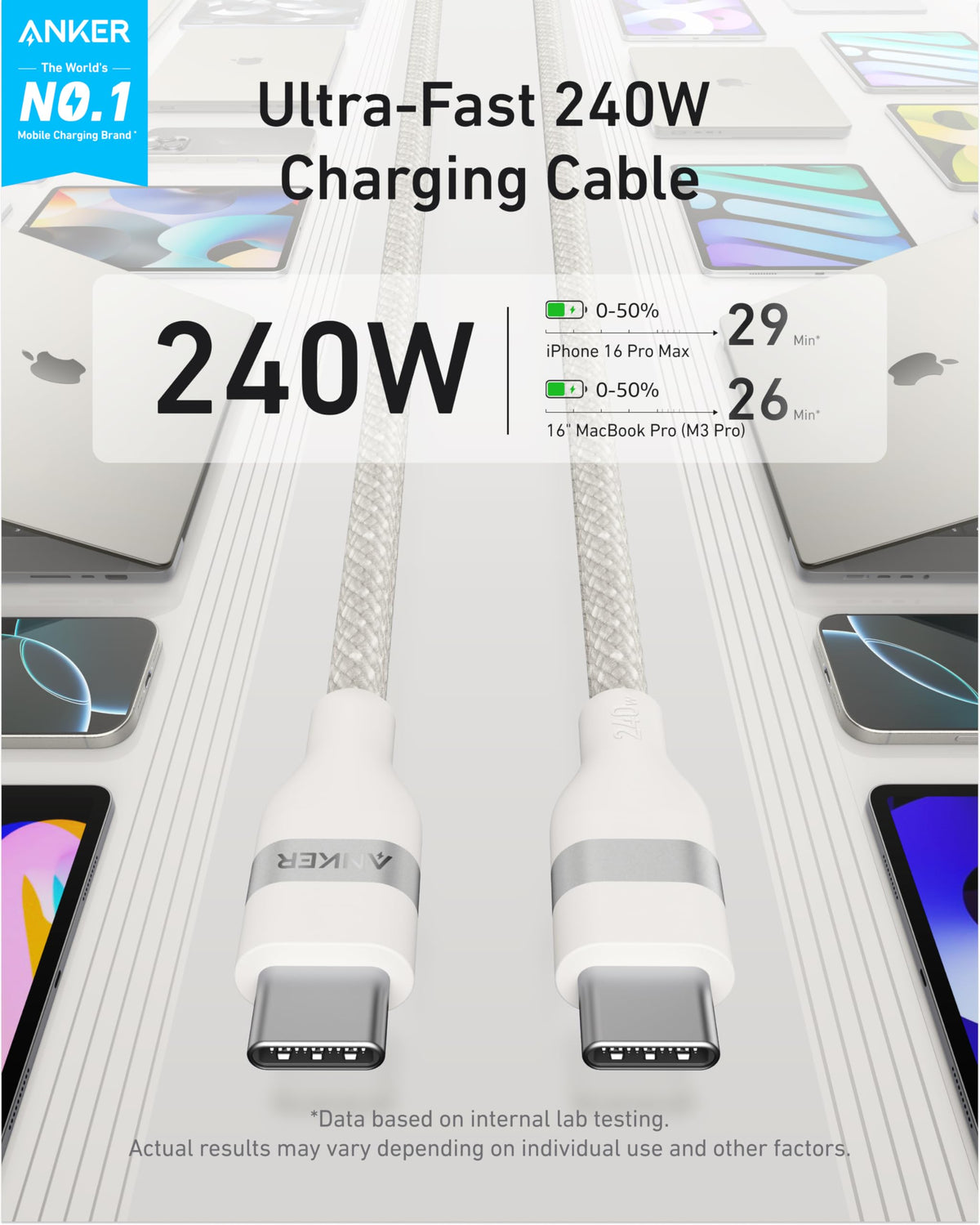 Anker Nano USB C to USB C Cable, 240W Fast Charging Cable (Black, 10ft)