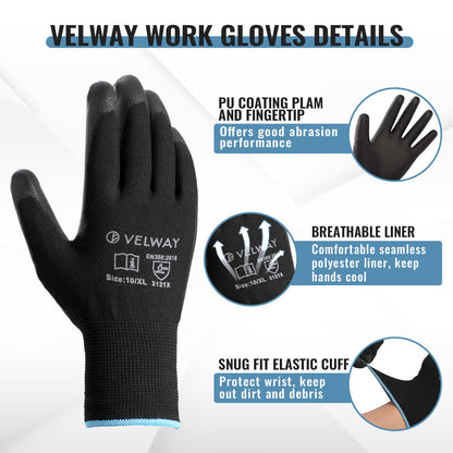 Velway 12 Pairs Work Gloves PU Coated for Men Women, Red, Size 9/L