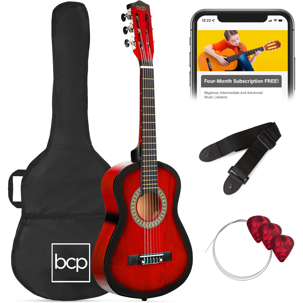 Best Choice Products 30in Kids Acoustic Guitar, All-in-One Beginner Starter Kit w/Strap, Case, Extra Strings, Rosette Inlay - Pink