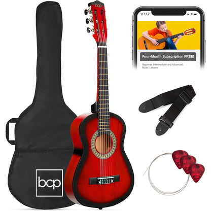 Best Choice Products 30in Kids Acoustic Guitar, All-in-One Beginner Starter Kit w/Strap, Case, Extra Strings, Rosette Inlay - Pink