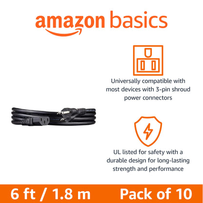 Amazon Basics Replacement Power Cord for Computer, Monitor, TV, Printer, PC, 3 Prong, 18 AWG, 125 Volts, 10 Feet, Black