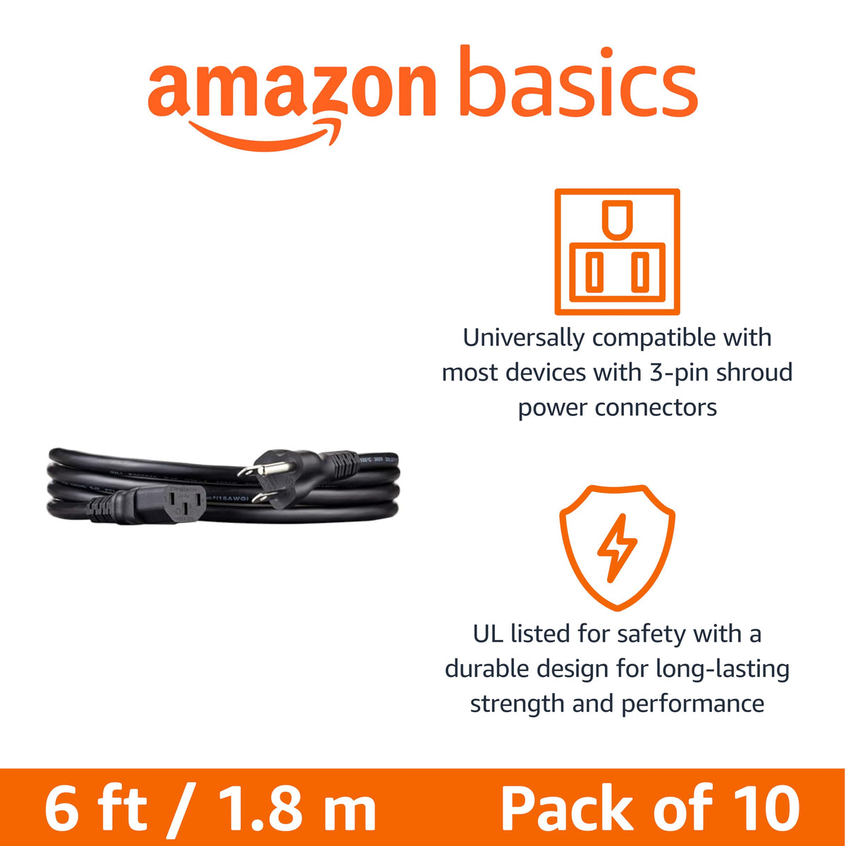 Amazon Basics Replacement Power Cord for Computer, Monitor, TV, Printer, PC, 3 Prong, 18 AWG, 125 Volts, 10 Feet, Black