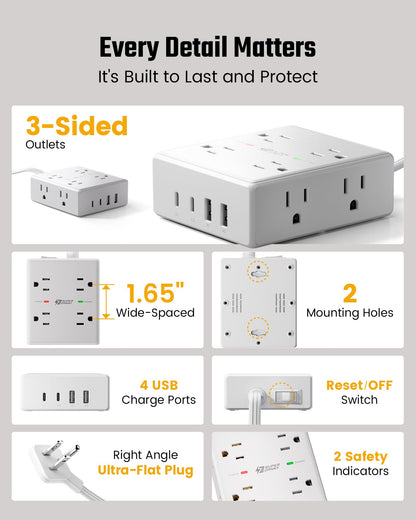 SUPERDANNY Extension Cord,Flat Plug Surge Protector Power Strip,10Ft