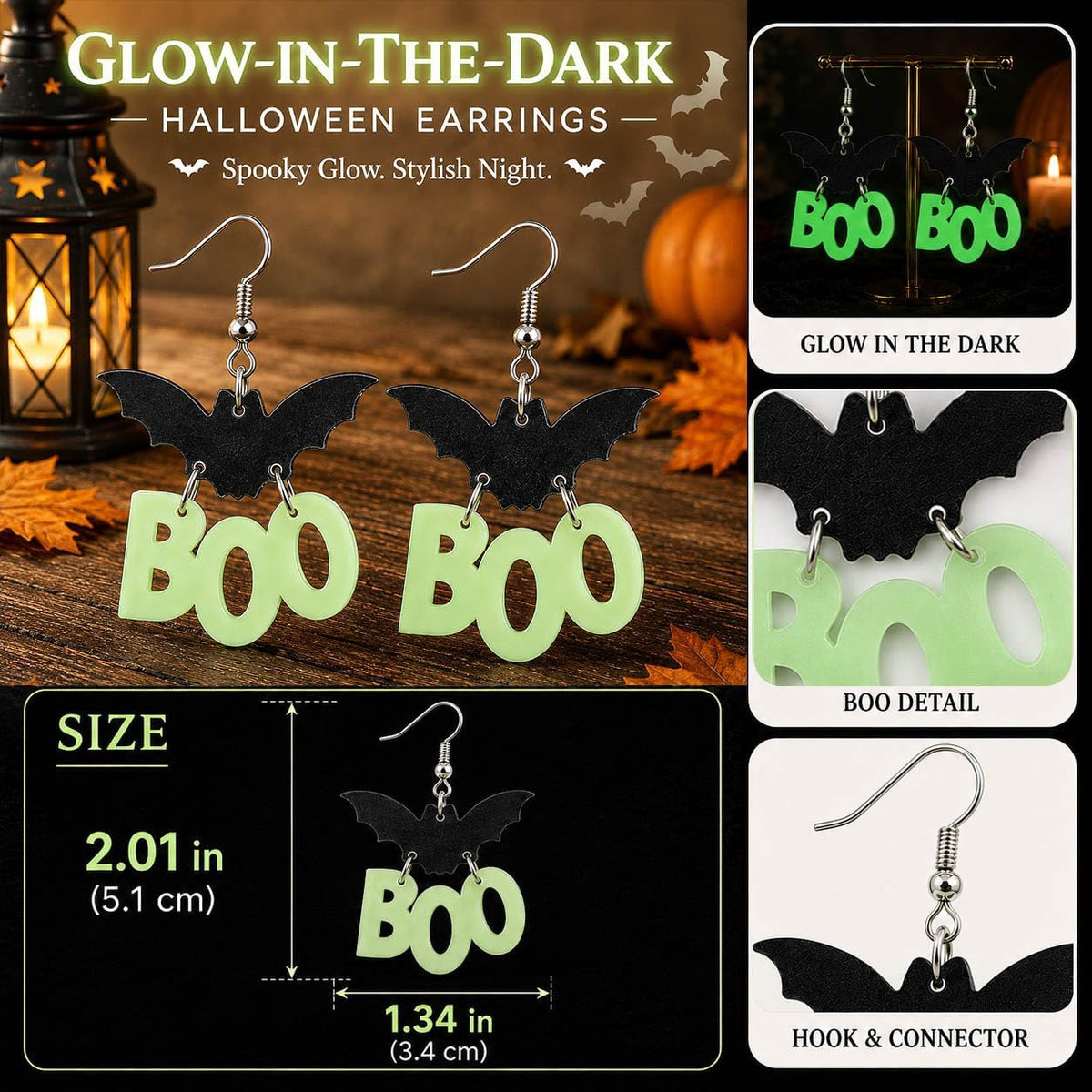 Glow in the Dark Halloween Earrings, Bat Ghost Coffin Boo Dangle Earrings