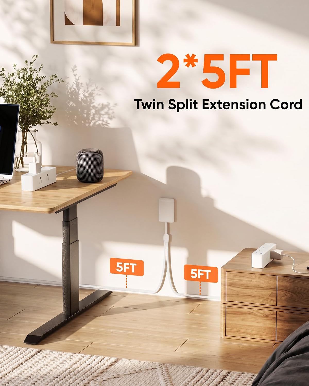 Split Extension Cord with Outlet Cover (10FT, Dual 5FT), Flat Plug Power Strip with 6 Outlets and 3 USB Ports, Outlet Extender for Tight Spaces