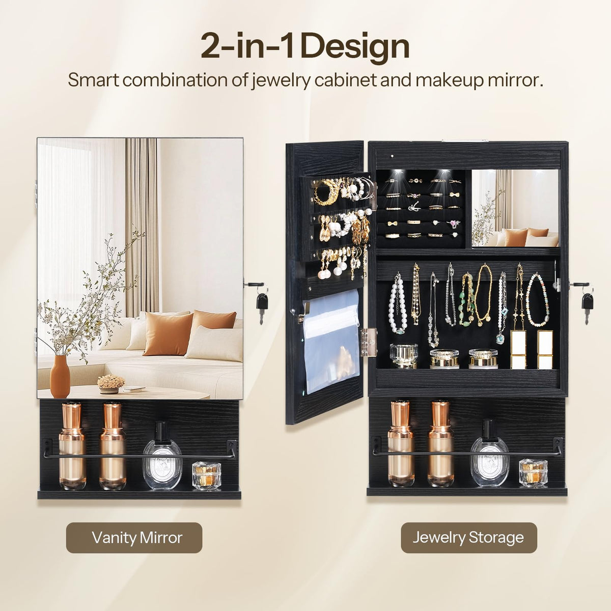 HOOBRO Wall Mounted Jewelry Cabinet, LED Jewelry Armoire with Interior Mirror, Hanging Jewelry Organizer for Wall, Lockable Jewelry Storage Cabinet, 3.9 x 11.8 x 20.9 Inches, White
