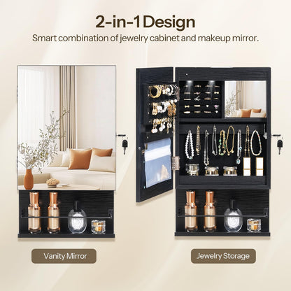HOOBRO Wall Mounted Jewelry Cabinet, LED Jewelry Armoire with Interior Mirror, Hanging Jewelry Organizer for Wall, Lockable Jewelry Storage Cabinet, 3.9 x 11.8 x 20.9 Inches, White