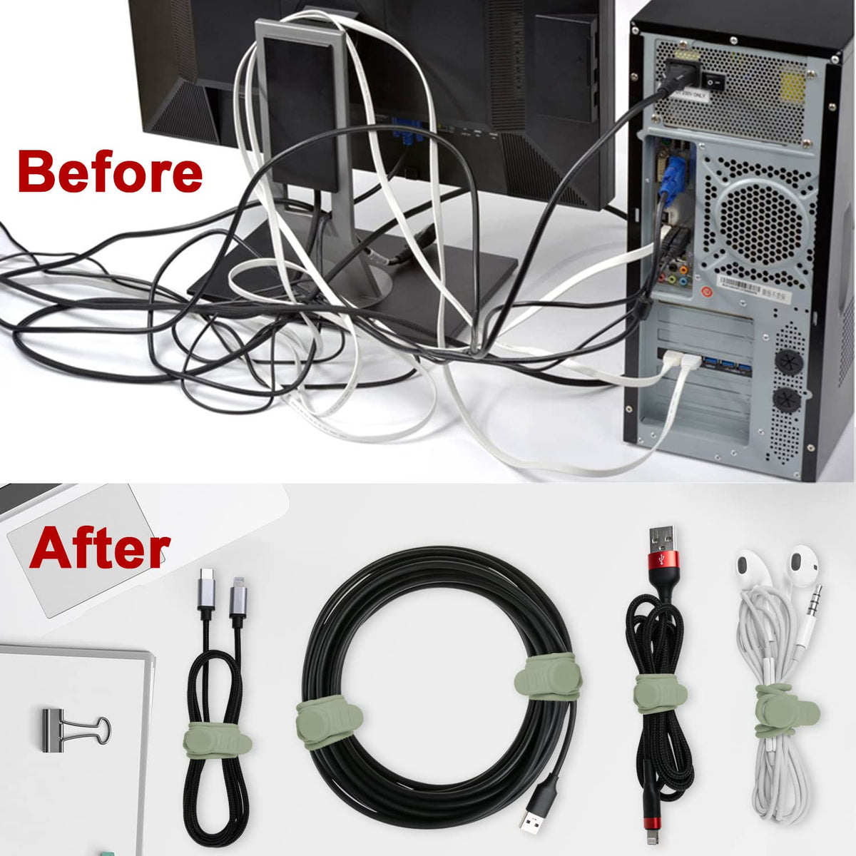 Silicone Cable Ties, Cord Organizer Cable Management,2Sizes-Grey