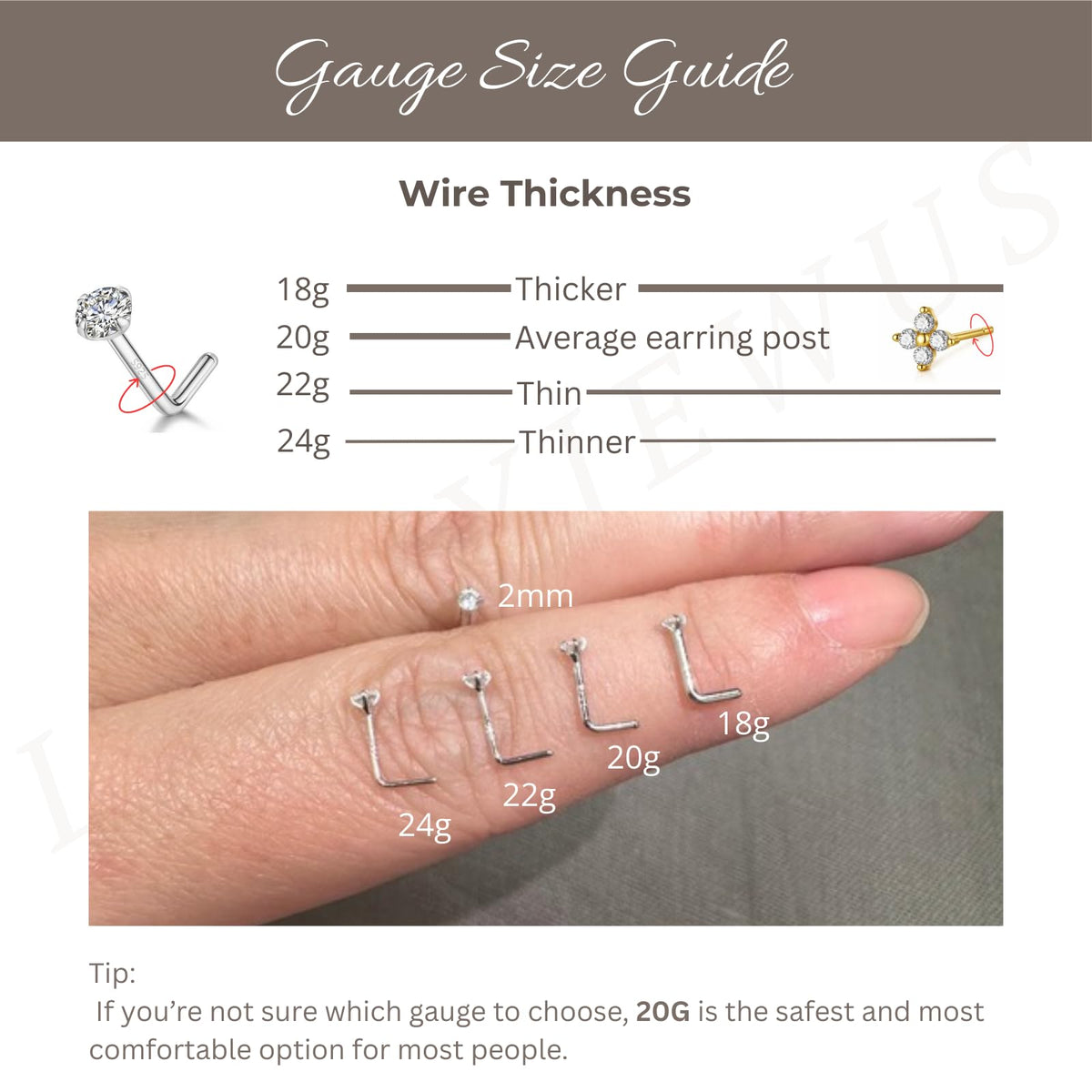 925 Sterling Silver Nose Ring Stud for Women, 18G/20G/22G/24G, L Shaped