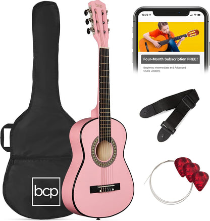 Best Choice Products 30in Kids Acoustic Guitar, All-in-One Beginner Starter Kit w/Strap, Case, Extra Strings, Rosette Inlay - Pink