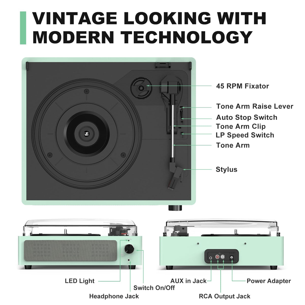 Seasonlife® Record Player for Vinyl Turntable with Speakers,Pale Purple