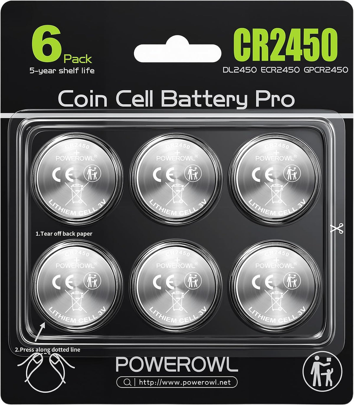 POWEROWL 6-Pack CR2450 3V Lithium Coin Cell Battery, for scales, sensors, LED lights, remote controls, car keys and small electronics
