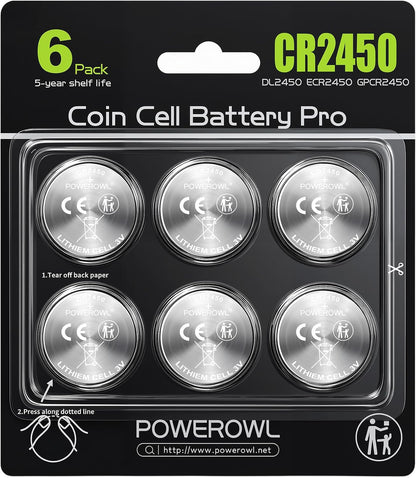 POWEROWL 6-Pack CR2450 3V Lithium Coin Cell Battery, for scales, sensors, LED lights, remote controls, car keys and small electronics