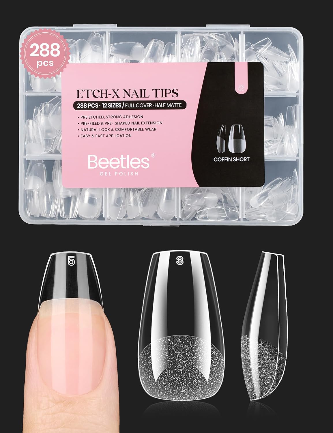 Beetles Soft Gel Nail Kit Almond Short 288pcs 12 Sizes Nail Tips with Glue