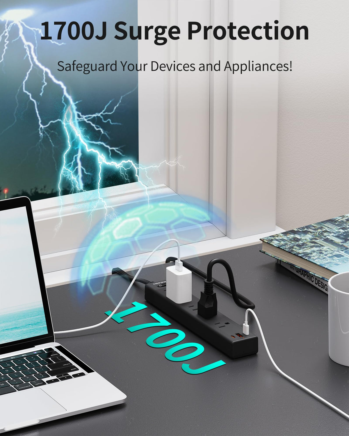 5 Outlets 2 Prong Power Strip with 3USB, 6FT Extension Cord for Old House