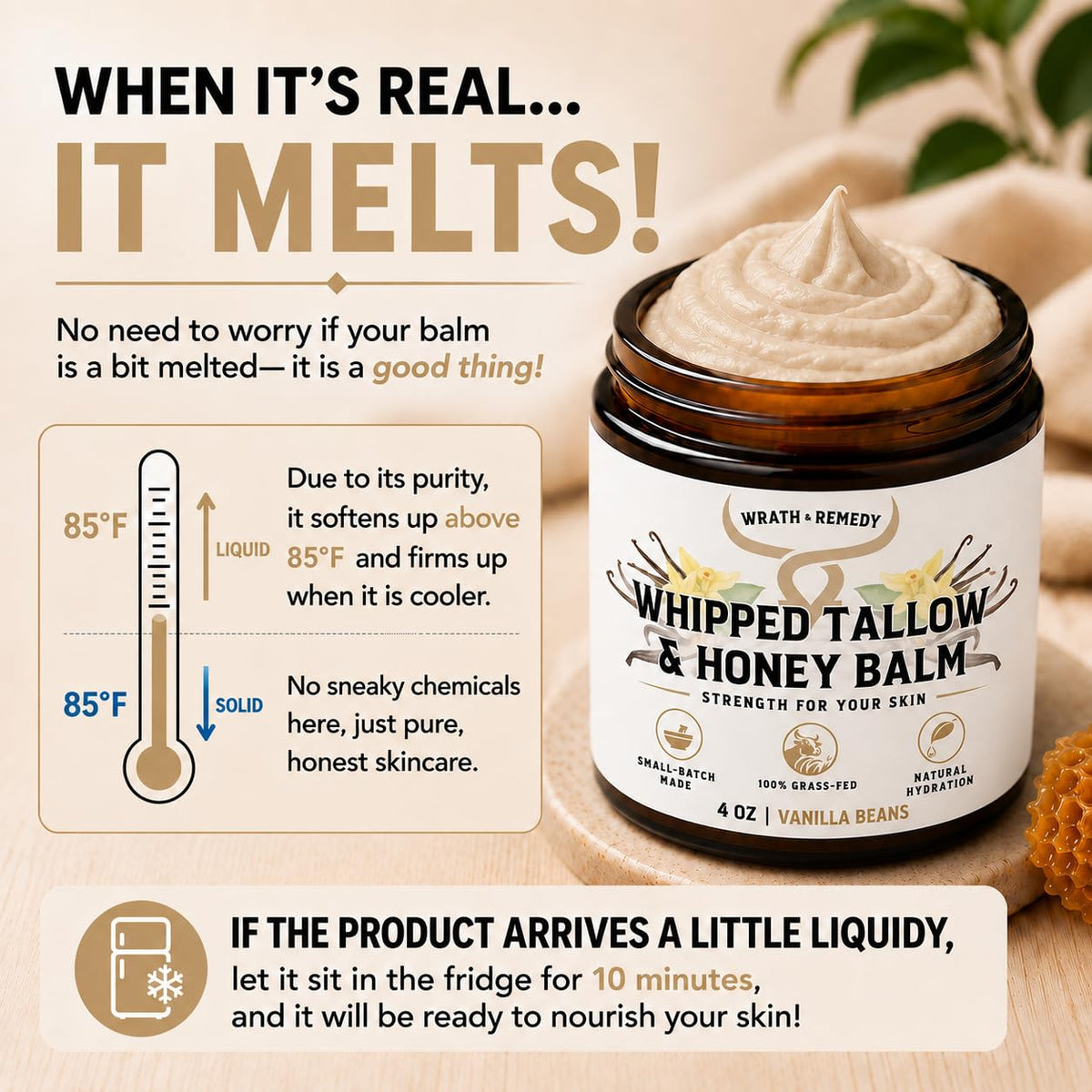 Wrath & Remedy Beef Tallow and Honey Balm, Handcrafted, Unscented, 4 oz