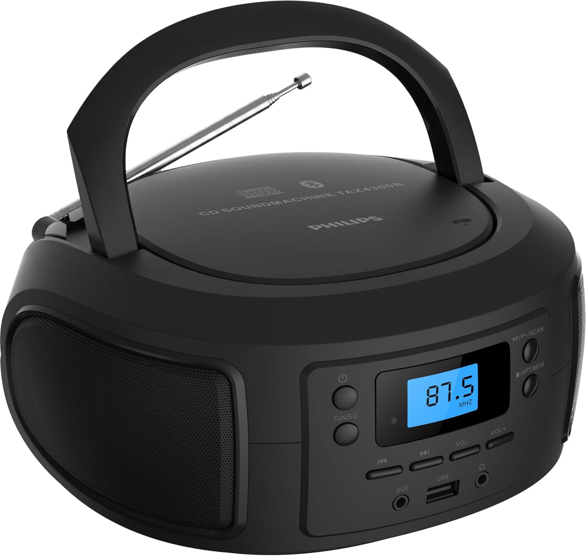 Philips CD Player Portable with Bluetooth, Crystal Clear Sound Top Loading CD Boombox with FM Radio, USB Port & Aux Input, Compact & Lightweight Design,R/CD-RW/MP3 Compatible (Black)