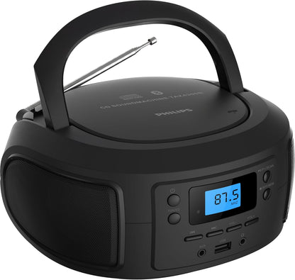Philips CD Player Portable with Bluetooth, Crystal Clear Sound Top Loading CD Boombox with FM Radio, USB Port & Aux Input, Compact & Lightweight Design,R/CD-RW/MP3 Compatible (Black)