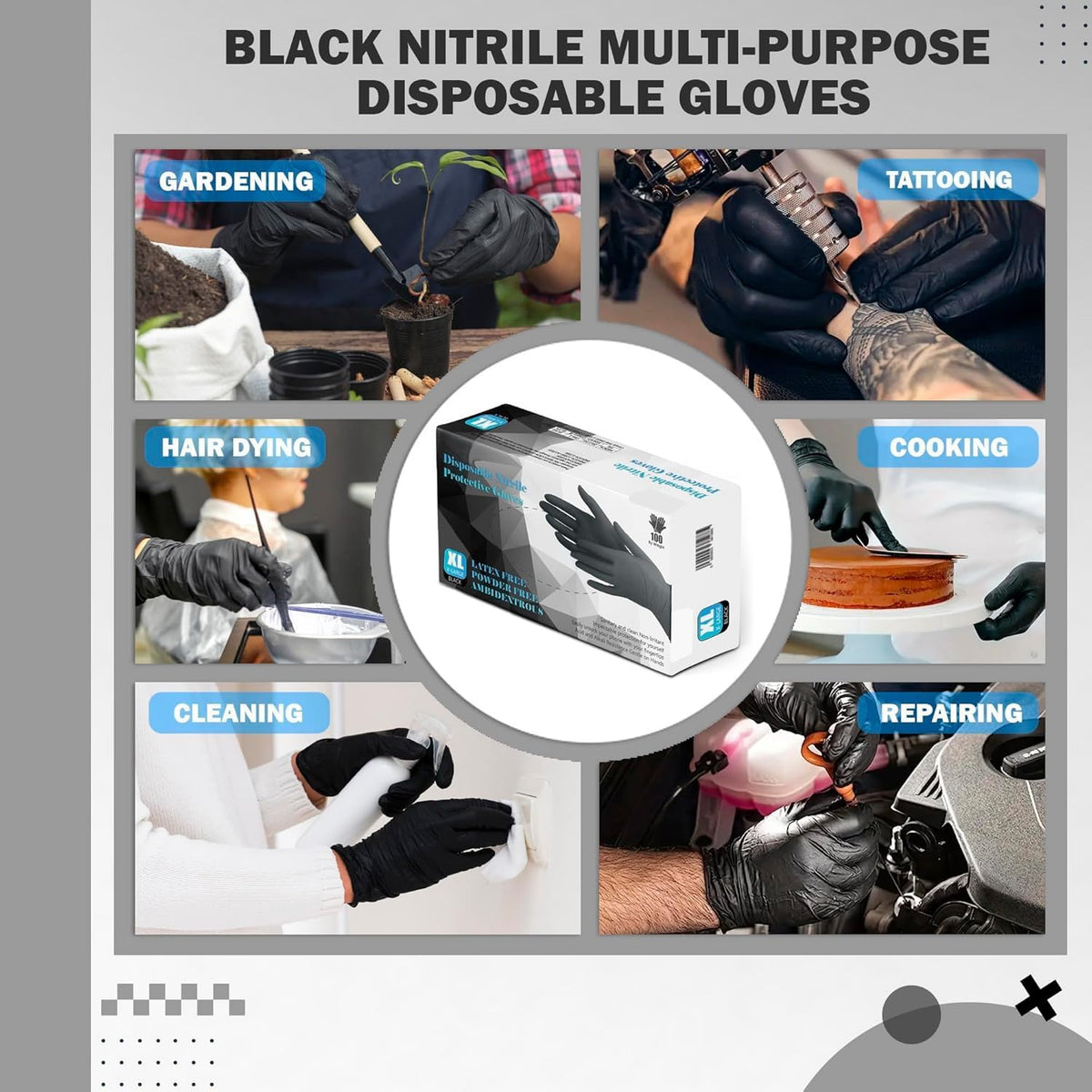 The Real Touch Black Nitrile Multi-Purpose Disposable Gloves, Powder Free, Disposable, Extra Strong - Box of 100 (Black, Large)